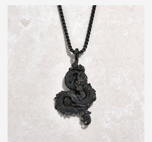 Black Gun Metal Dragon Steel Hearts Necklace